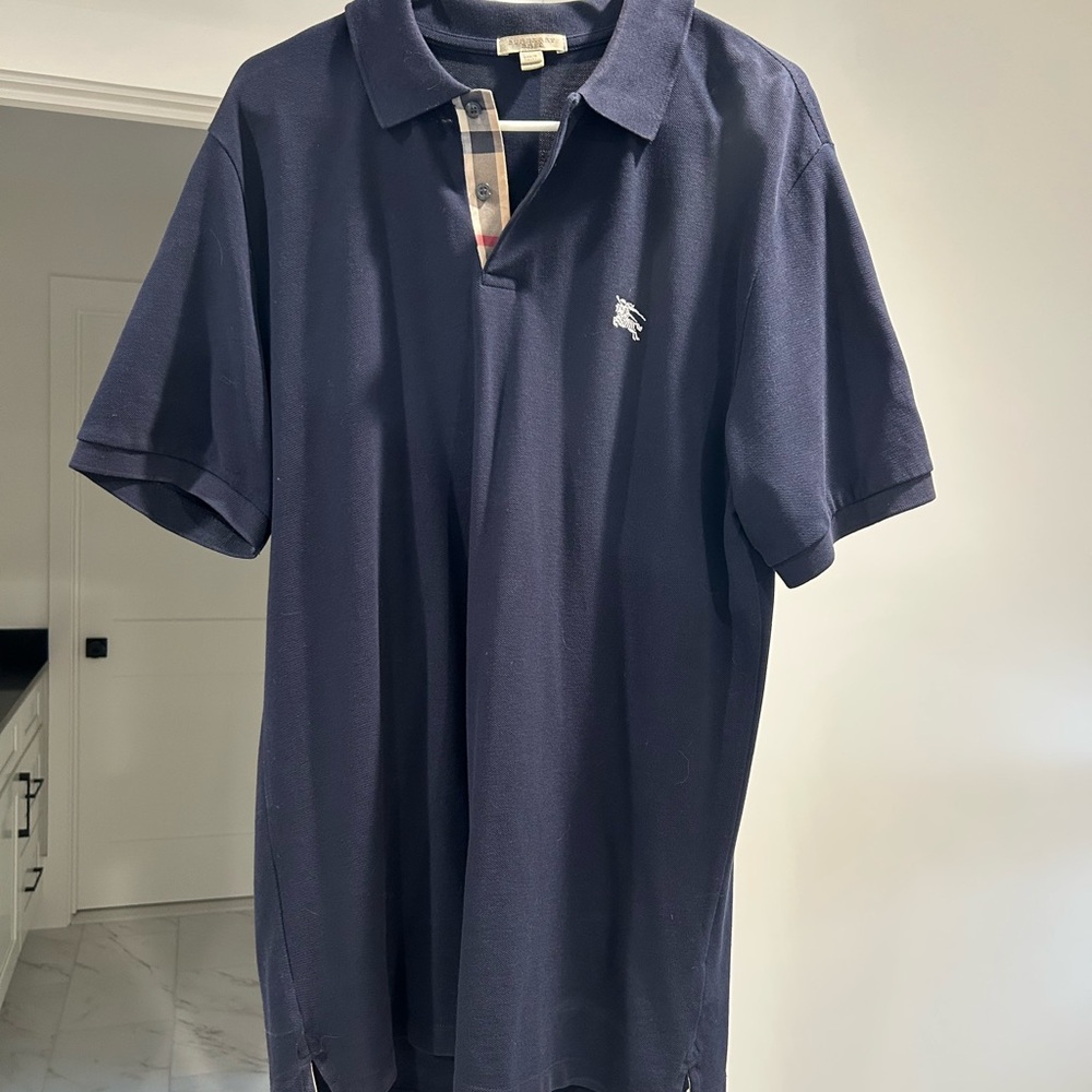 Burberry Navy Polo Shirt with Check Trim